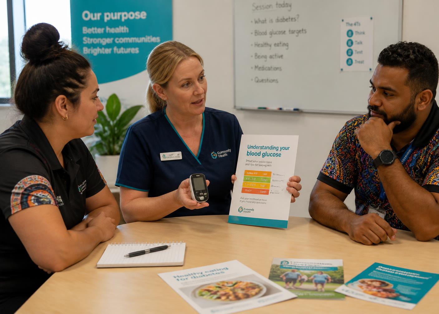A nurse educator explaining blood glucose monitoring to two community support workers during a diabetes training session